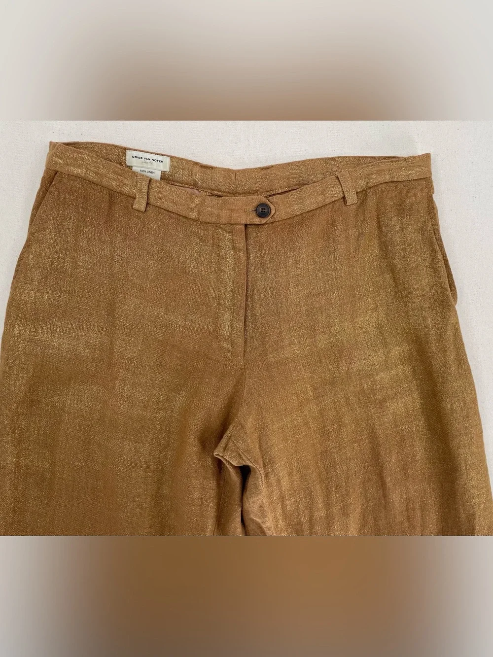Dries Van Noten Men's Gold-Tan Linen Blend Chinos